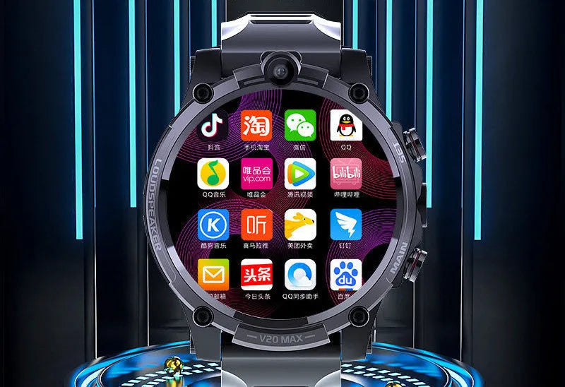 Black smartwatch with 4G, dual cameras, and a 1.6-inch screen on a wrist strap.