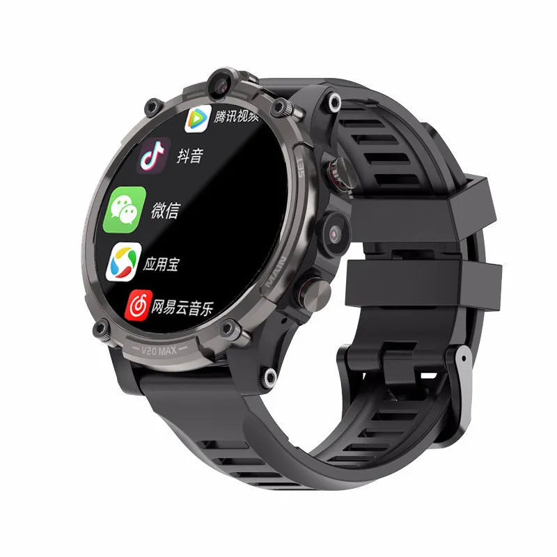 Black smartwatch with 4G, dual cameras, and a 1.6-inch screen on a wrist strap.