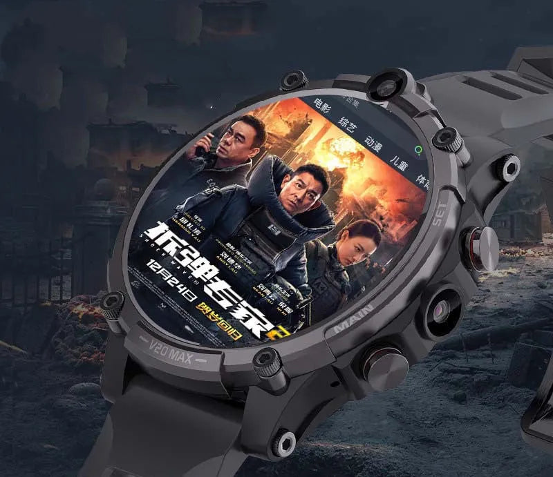 Black smartwatch with 4G, dual cameras, and a 1.6-inch screen on a wrist strap.
