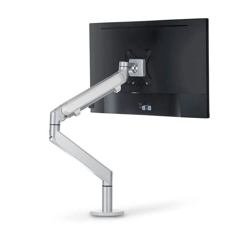 Adjustable lifting computer stand in dark grey supporting a monitor on a desk