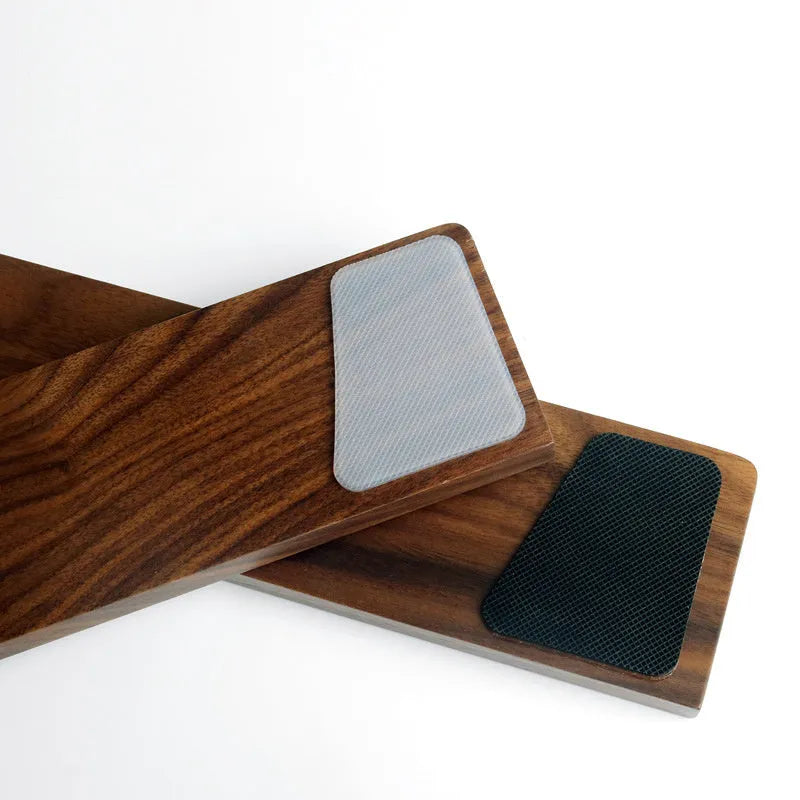 Solid walnut wood mechanical keyboard wrist rest showing natural grain pattern