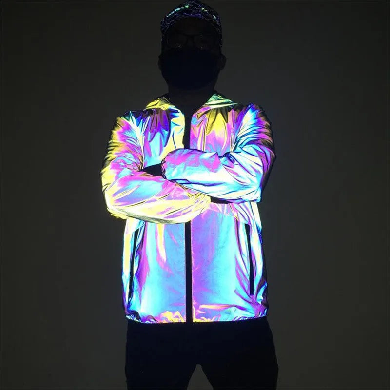 Men's reflective hooded jacket in rainbow fabric with waterproof zipper and stand collar, night windbreaker for running and dance
