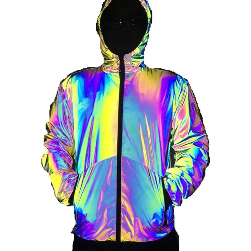 Men's reflective hooded jacket in rainbow fabric with waterproof zipper and stand collar, night windbreaker for running and dance