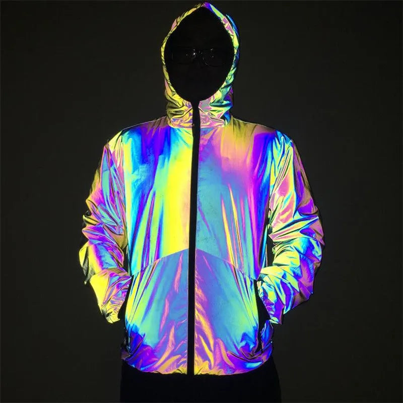 Men's reflective hooded jacket in rainbow fabric with waterproof zipper and stand collar, night windbreaker for running and dance