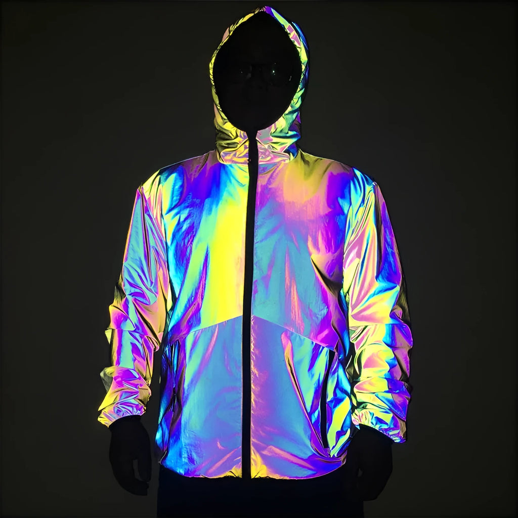 Men's reflective hooded jacket in rainbow fabric with waterproof zipper and stand collar, night windbreaker for running and dance
