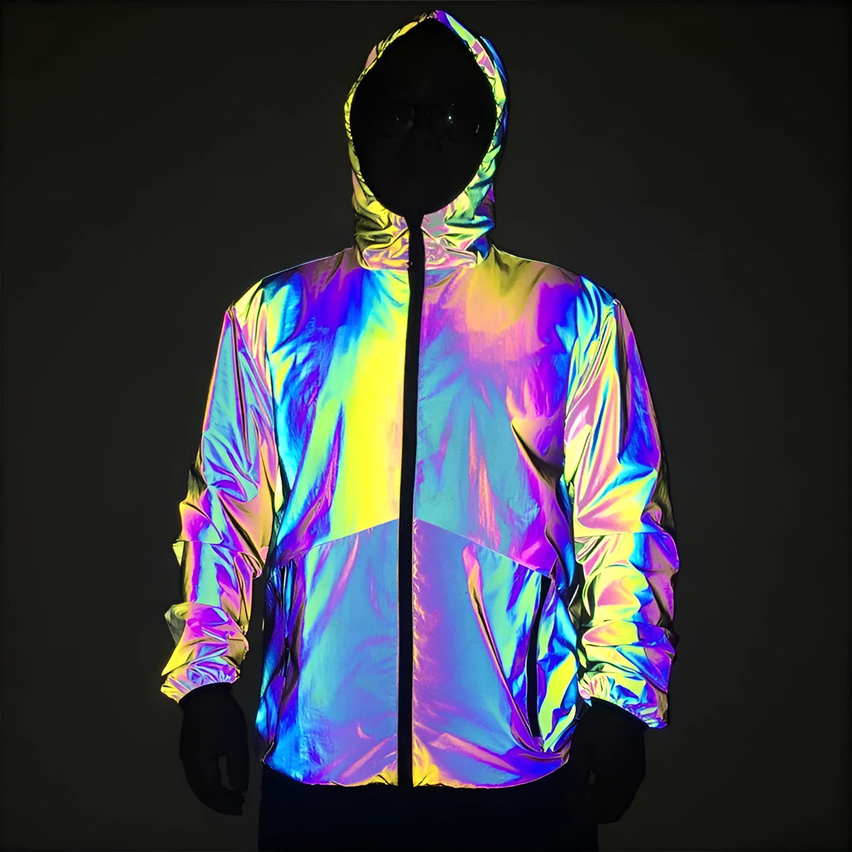 Men's reflective hooded jacket in rainbow fabric with waterproof zipper and stand collar, night windbreaker for running and dance