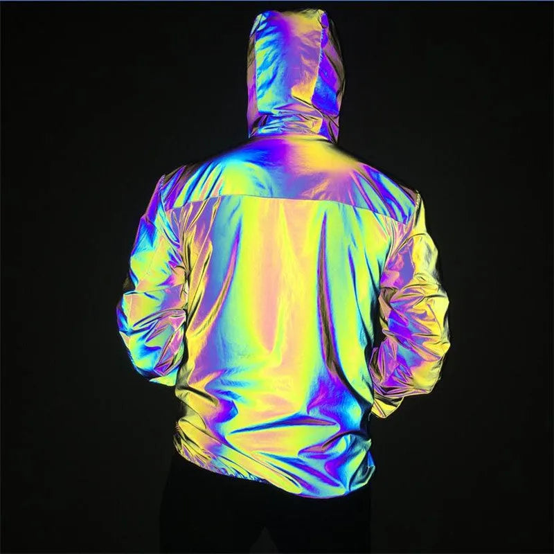Men's reflective hooded jacket in rainbow fabric with waterproof zipper and stand collar, night windbreaker for running and dance