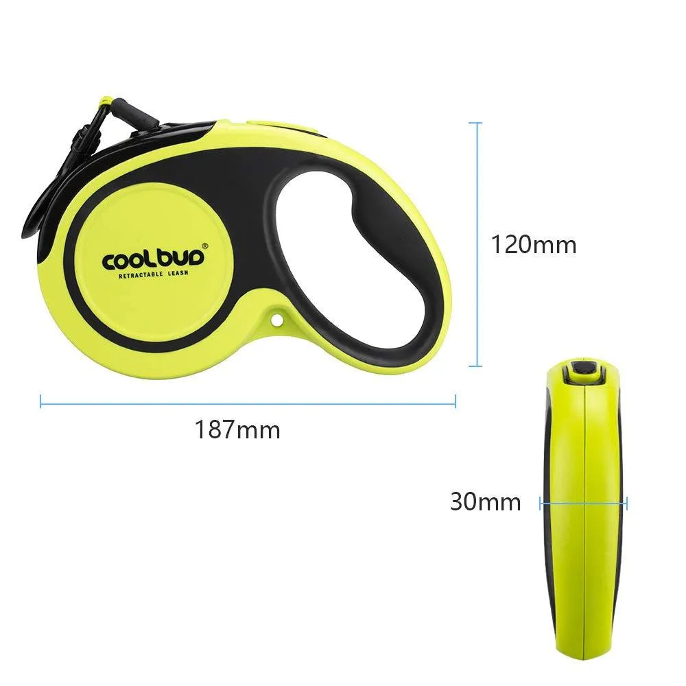 Retractable dog leash for large and medium dogs with green handle and black strap, on a grassy outdoor background