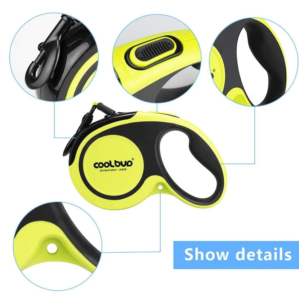 Retractable dog leash for large and medium dogs with green handle and black strap, on a grassy outdoor background