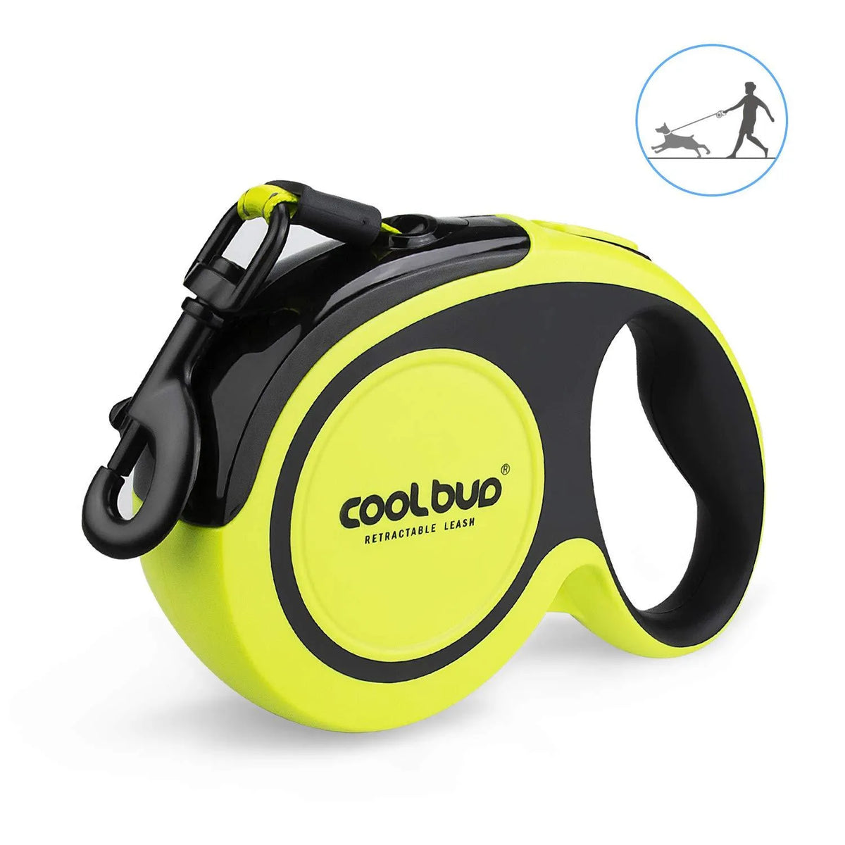 Retractable dog leash for large and medium dogs with green handle and black strap, on a grassy outdoor background
