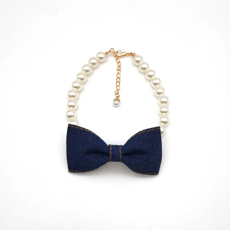Pet neck chain with pearl necklace and denim bow pendant in S, M and L