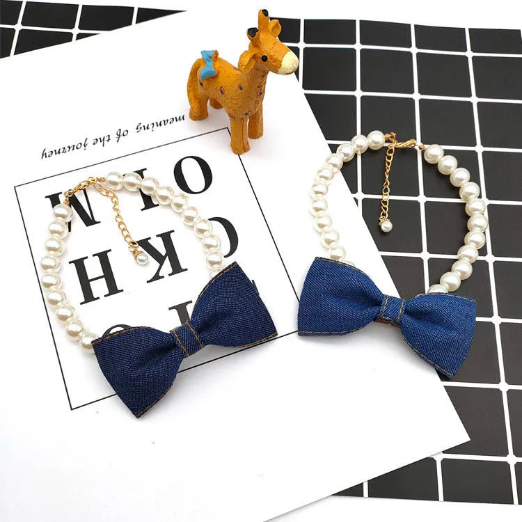Pet neck chain with pearl necklace and denim bow pendant in S, M and L