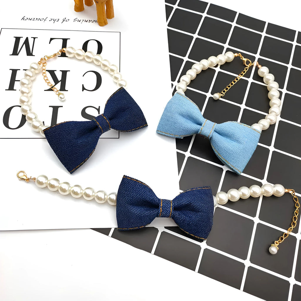Pet neck chain with pearl necklace and denim bow pendant in S, M and L
