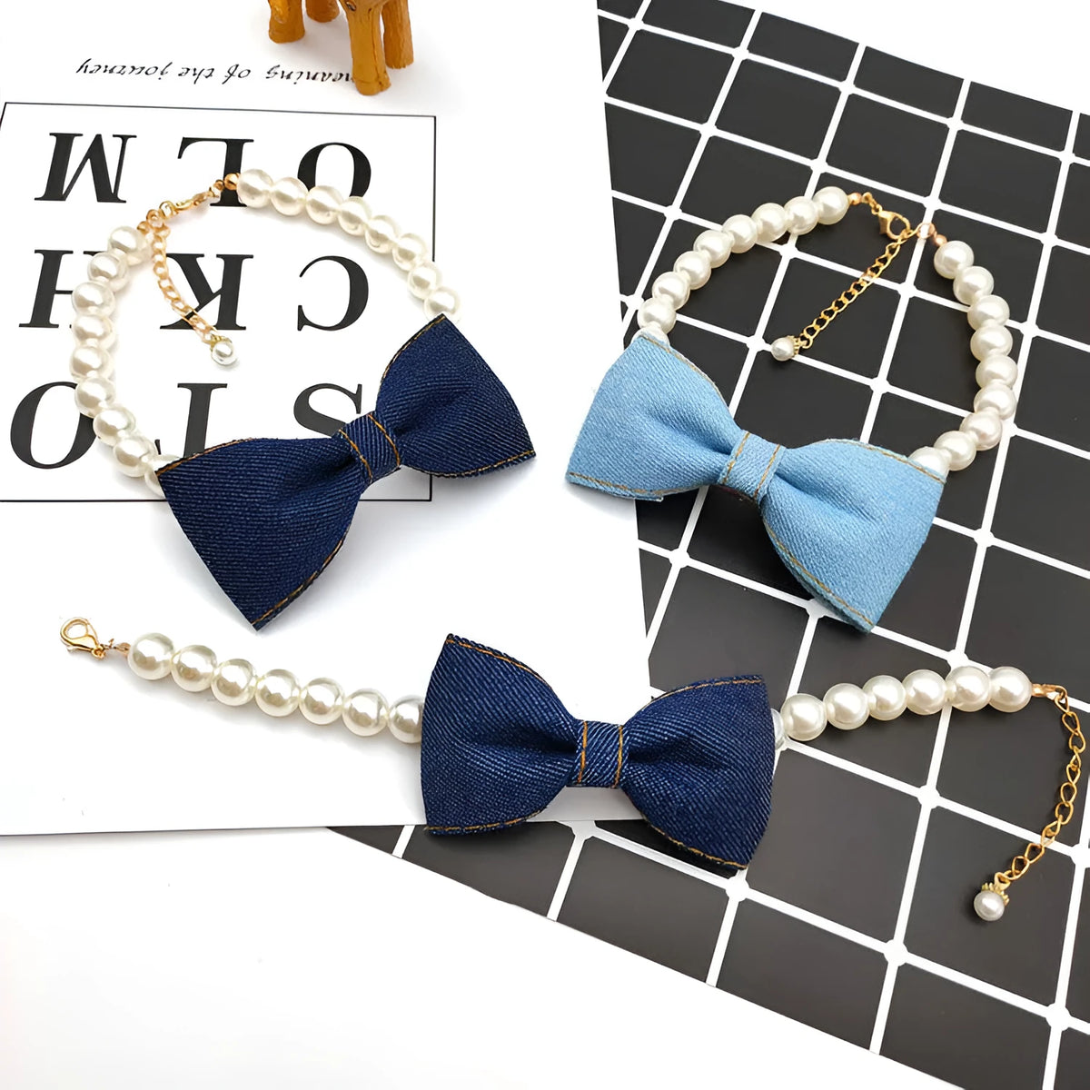Pet neck chain with pearl necklace and denim bow pendant in S, M and L