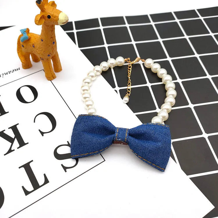 Pet neck chain with pearl necklace and denim bow pendant in S, M and L