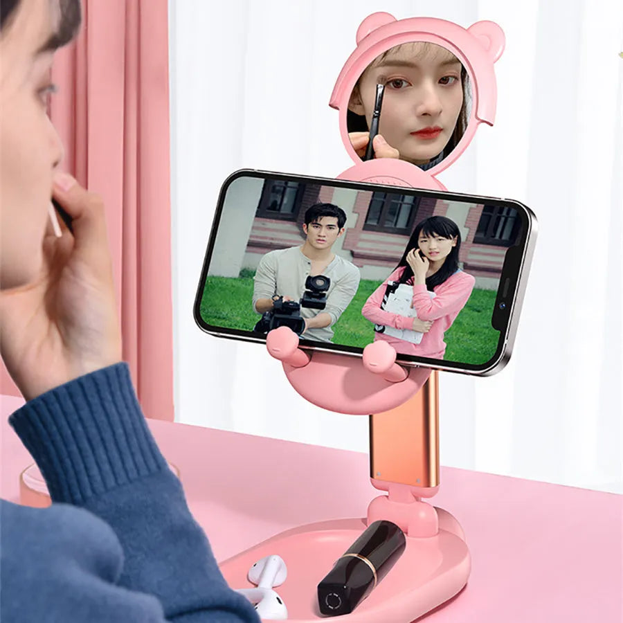 Adjustable desk phone holder with mirror for Apple iPhone and iPad on a table