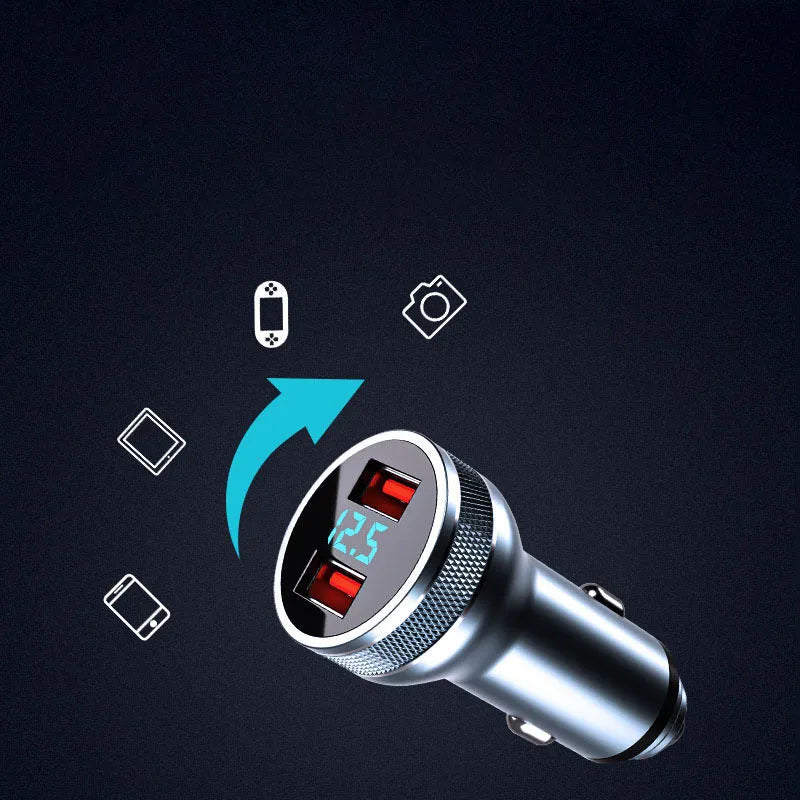Black car charger with digital display and dual QC3.0 PD ports