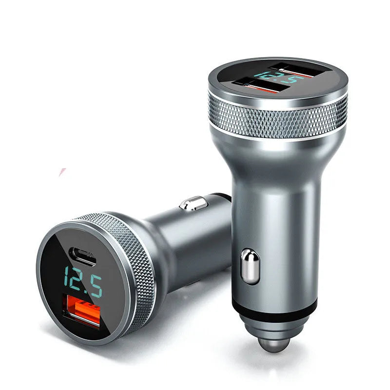 Black car charger with digital display and dual QC3.0 PD ports