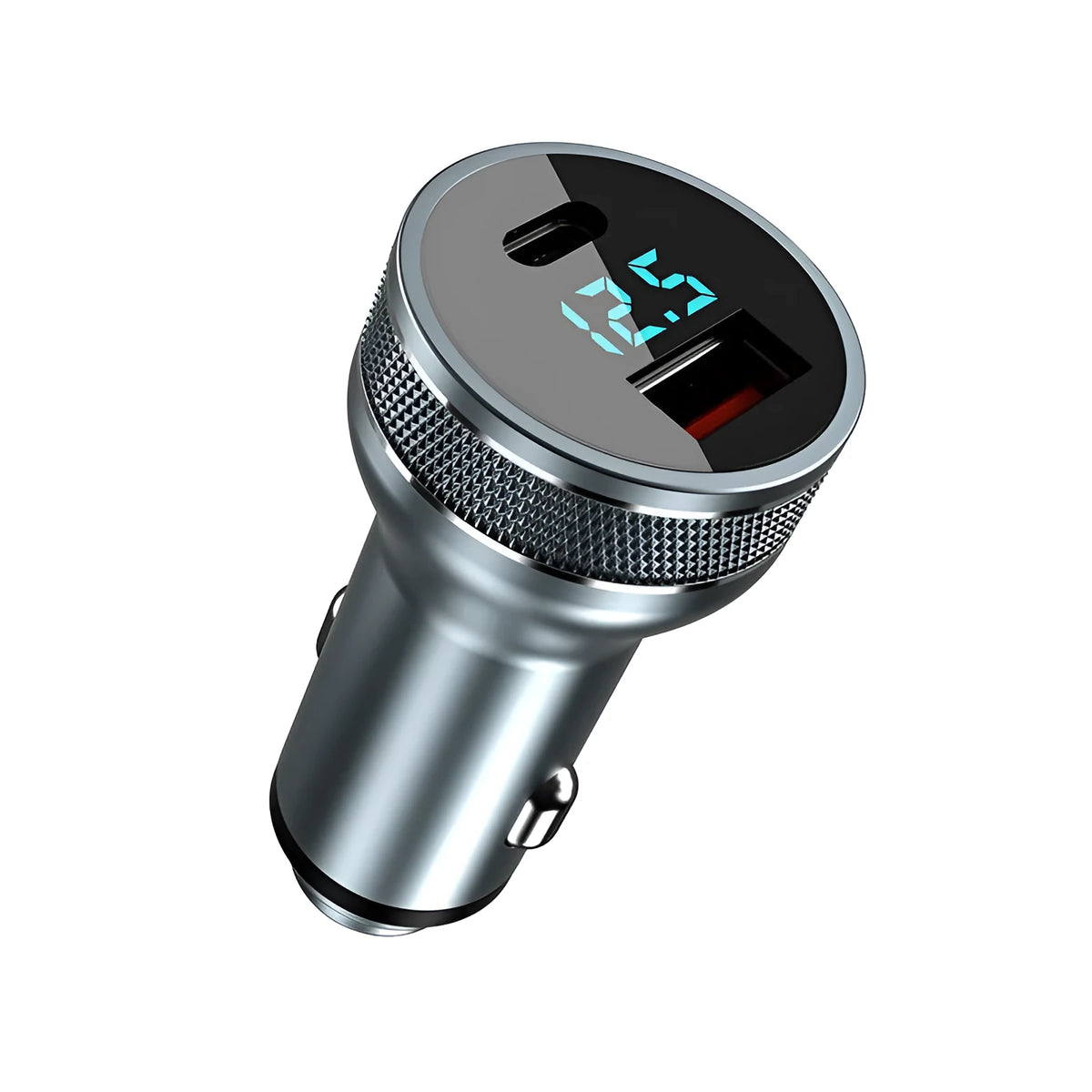 Black car charger with digital display and dual QC3.0 PD ports