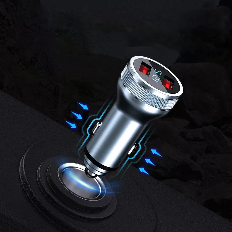 Black car charger with digital display and dual QC3.0 PD ports