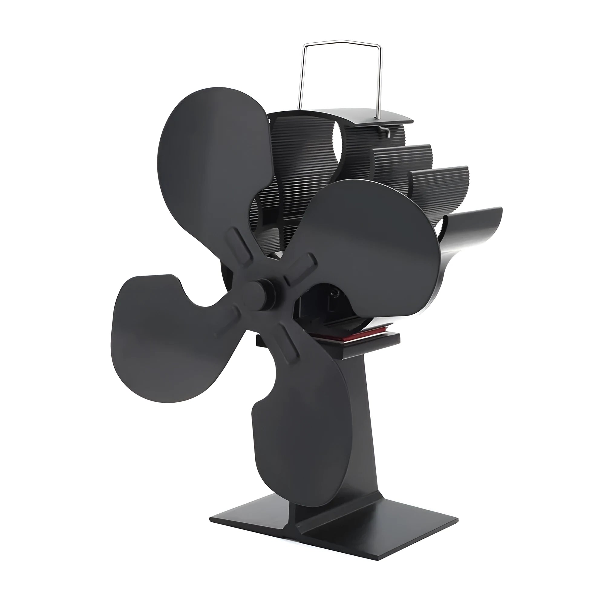 Black thermodynamic fireplace fan on hearth with blades, measuring 17x11.5x25cm