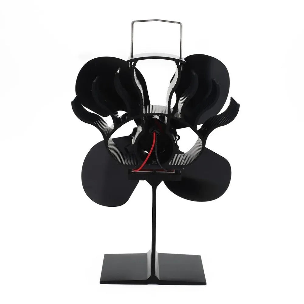 Black thermodynamic fireplace fan on hearth with blades, measuring 17x11.5x25cm