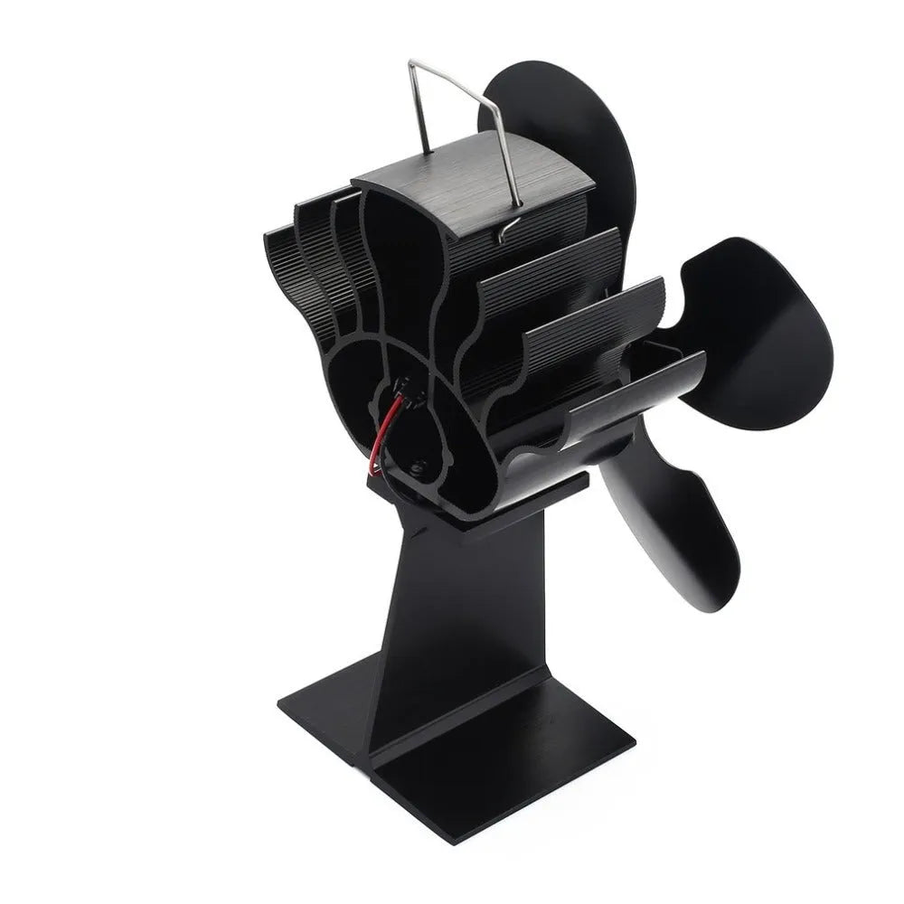 Black thermodynamic fireplace fan on hearth with blades, measuring 17x11.5x25cm