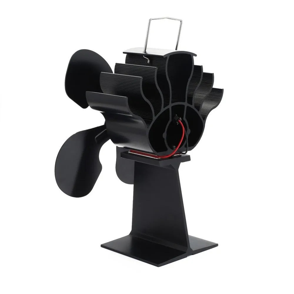 Black thermodynamic fireplace fan on hearth with blades, measuring 17x11.5x25cm
