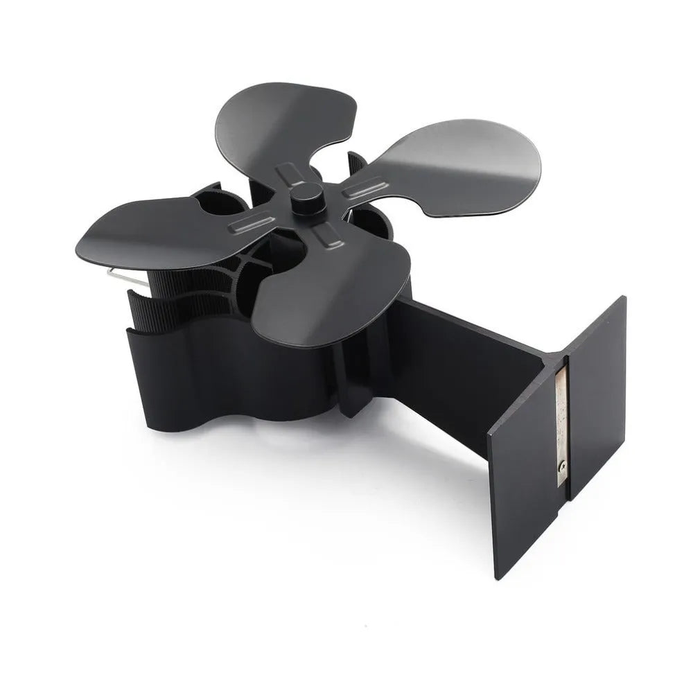 Black thermodynamic fireplace fan on hearth with blades, measuring 17x11.5x25cm