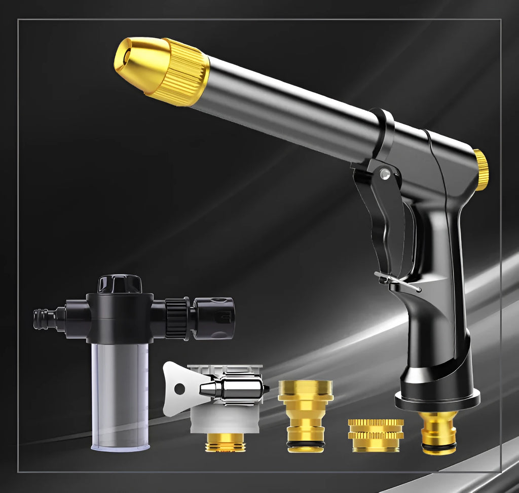 Telescopic garden hose set with aluminium alloy frame and water gun featuring multiple spray patterns