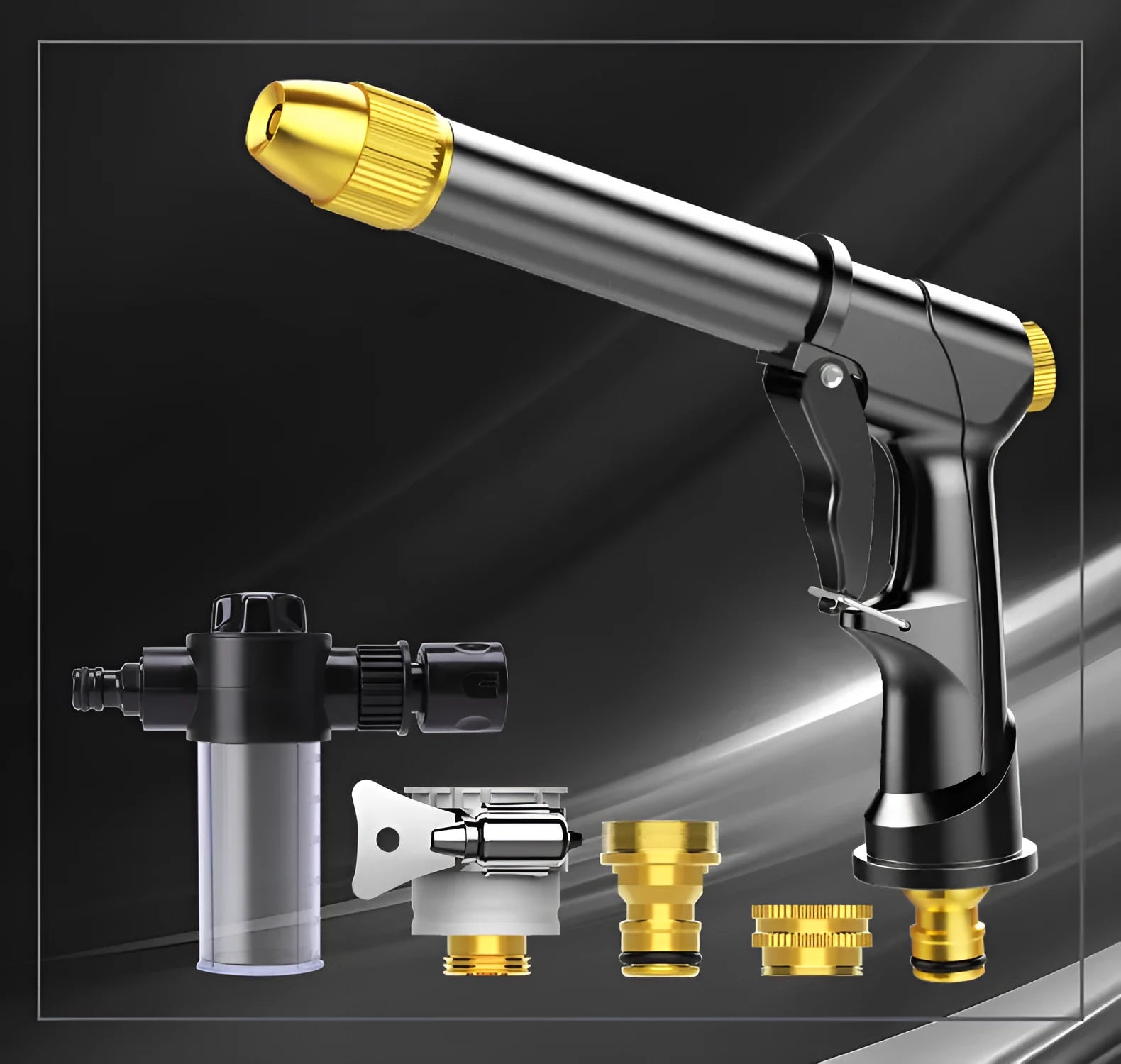 Telescopic garden hose set with aluminium alloy frame and water gun featuring multiple spray patterns