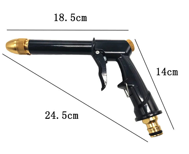 Telescopic garden hose set with aluminium alloy frame and water gun featuring multiple spray patterns