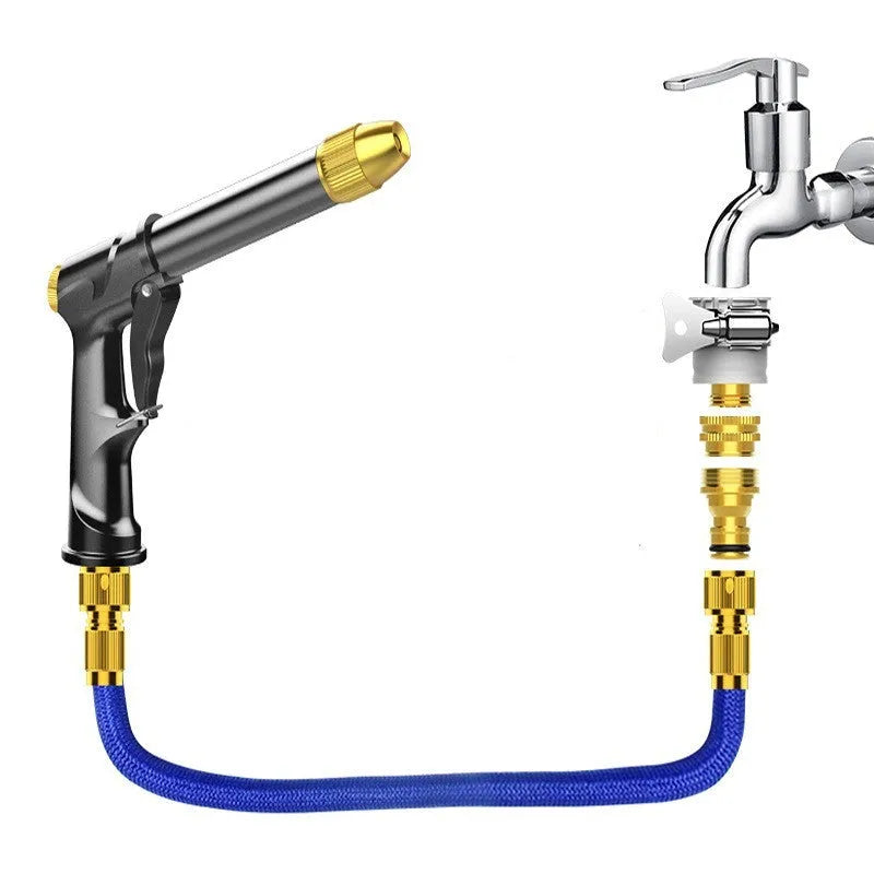 Telescopic garden hose set with aluminium alloy frame and water gun featuring multiple spray patterns