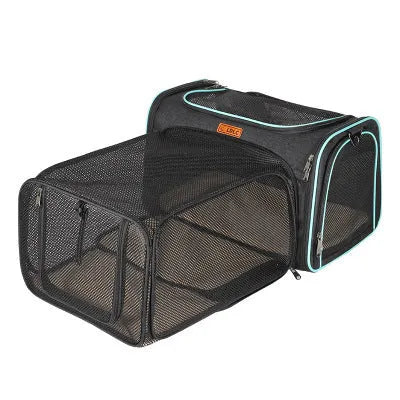 Expandable pet out carrying bag for cats, black green Oxford cloth, side expanded with memory spring metal frame and anti-scratch cradle net