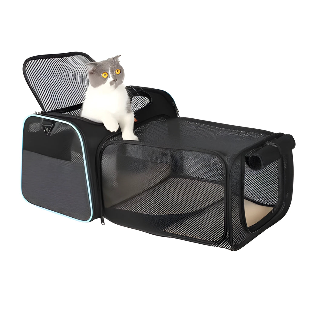 Expandable pet out carrying bag for cats, black green Oxford cloth, side expanded with memory spring metal frame and anti-scratch cradle net