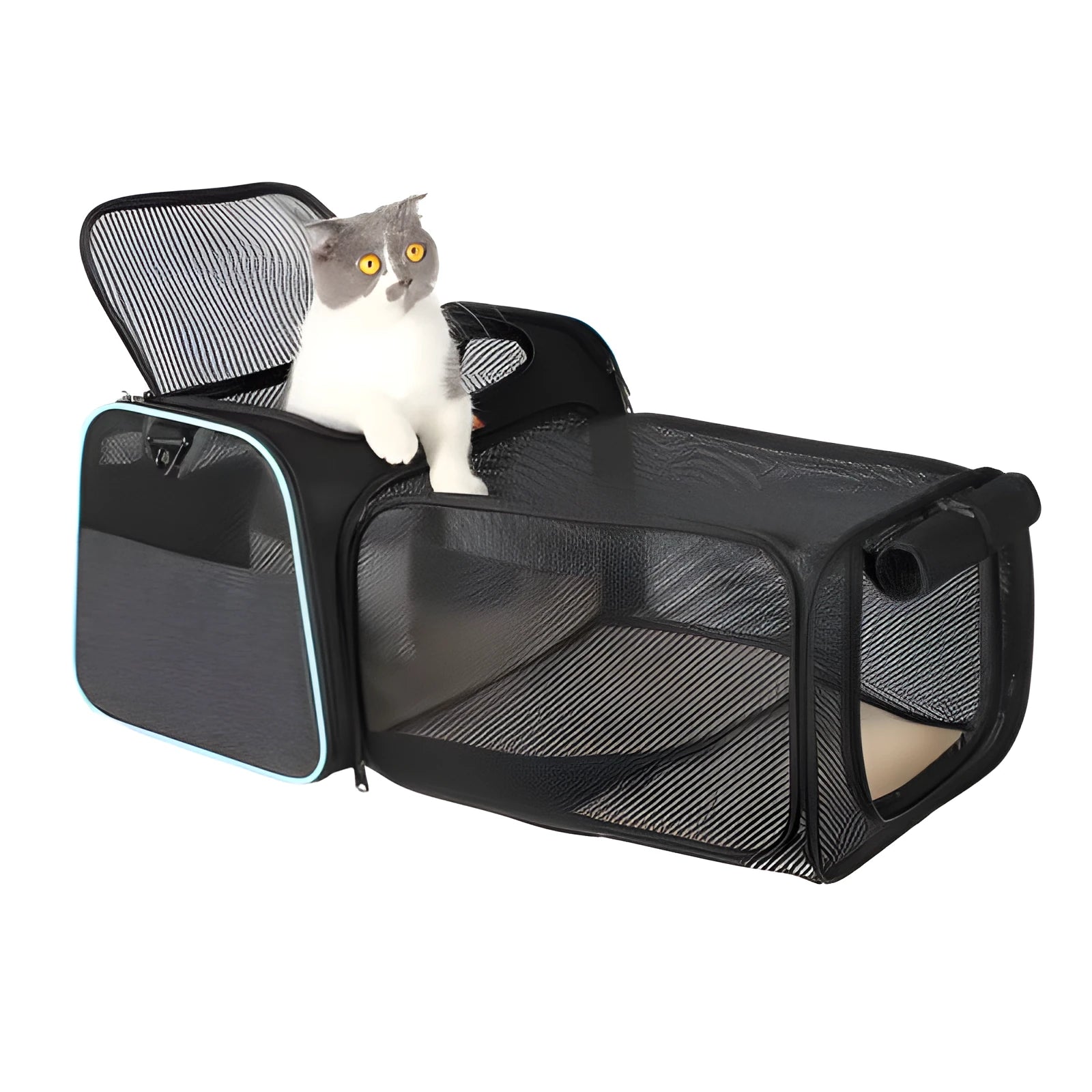 Expandable pet out carrying bag for cats, black green Oxford cloth, side expanded with memory spring metal frame and anti-scratch cradle net