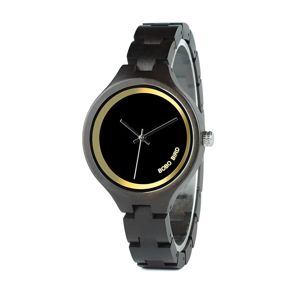 Men's wooden watch with round wood case, wood strap, quartz movement and butterfly double snap buckle