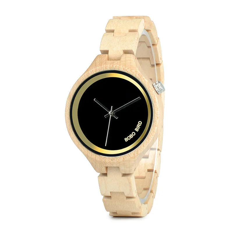 Men's wooden watch with round wood case, wood strap, quartz movement and butterfly double snap buckle