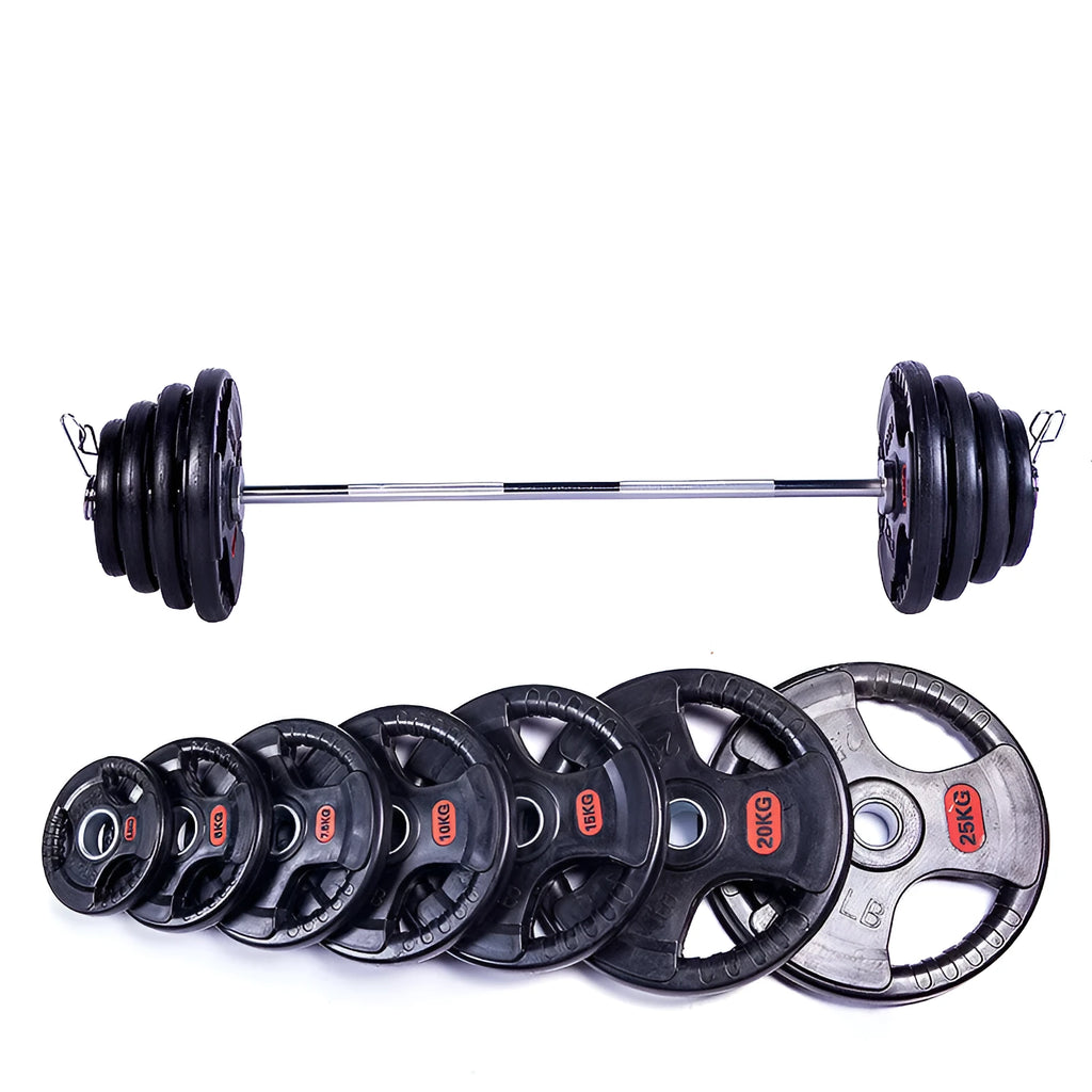 Black cast iron barbell weight plate with rubber coating placed on a mat with a storage bag nearby
