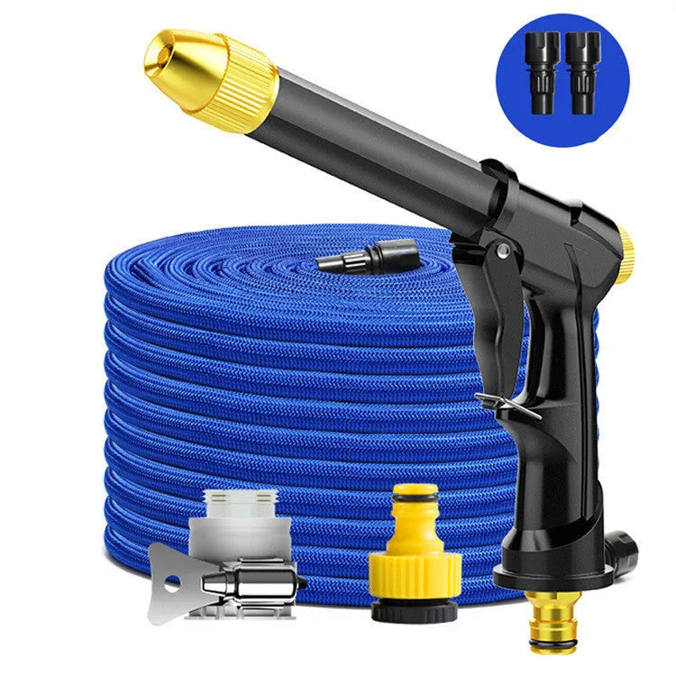 Telescopic garden hose set with aluminium alloy frame and water gun featuring multiple spray patterns