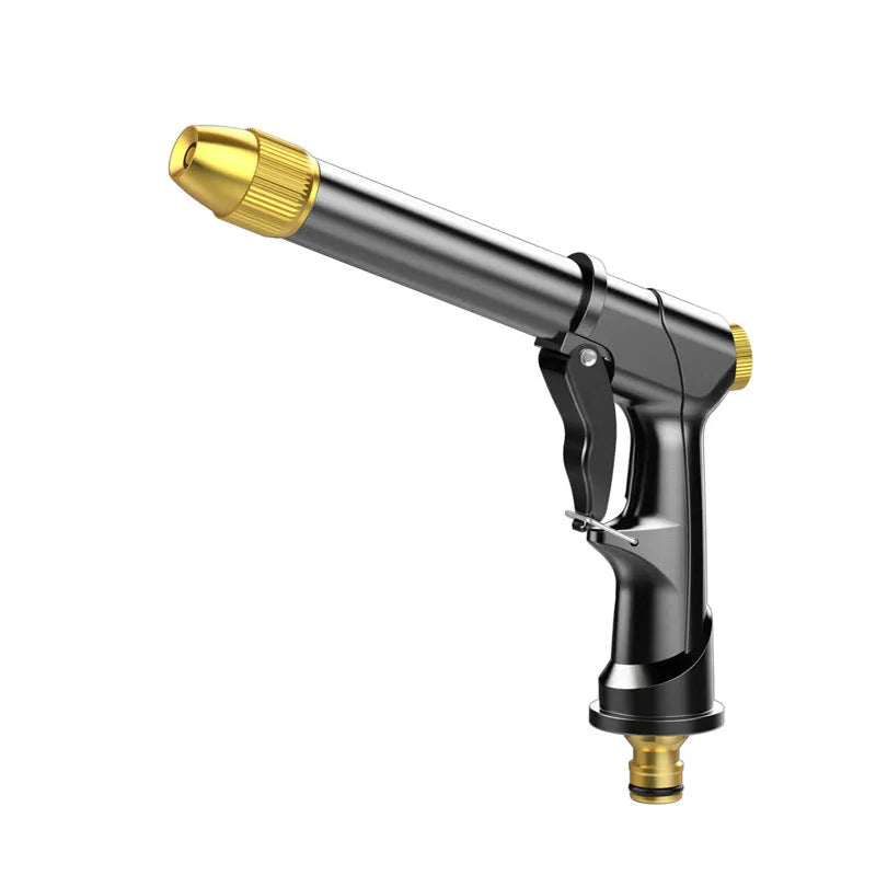 Telescopic garden hose set with aluminium alloy frame and water gun featuring multiple spray patterns