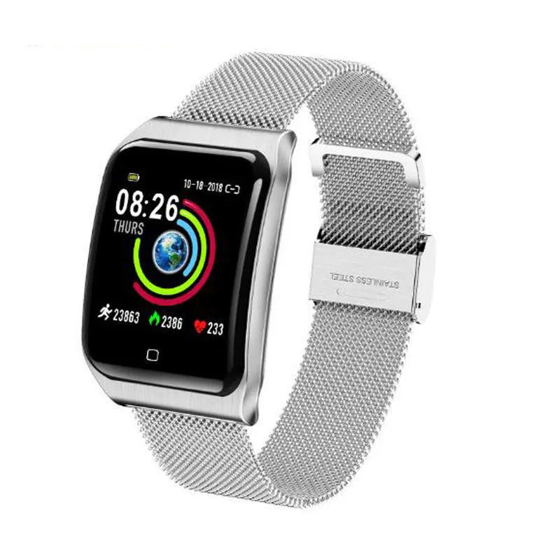 F9 smart fitness bracelet with metal strap and large colour screen displaying heart rate data