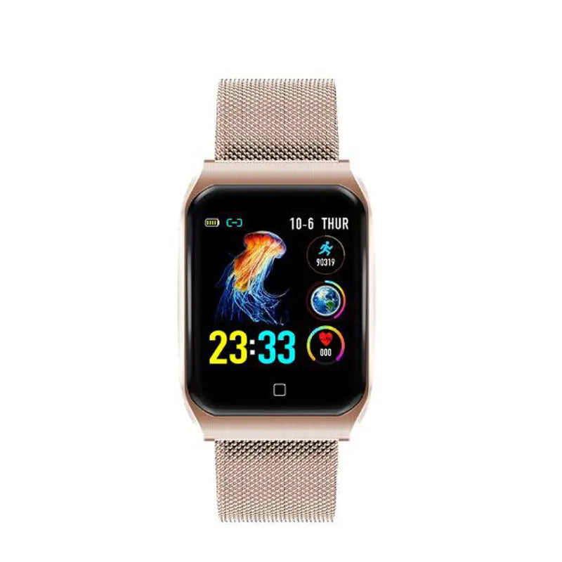 F9 smart fitness bracelet with metal strap and large colour screen displaying heart rate data