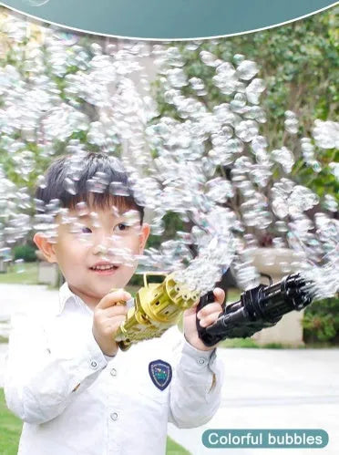 Kids bubble machine gun toy in pink with realistic design, ABS plastic, 2-in-1 fan
