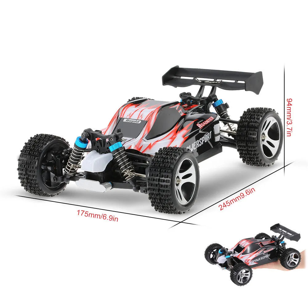 1:18 scale blue or red remote control off-road car with four-wheel independent suspension, 24.5 x 17.5 x 9.4 cm