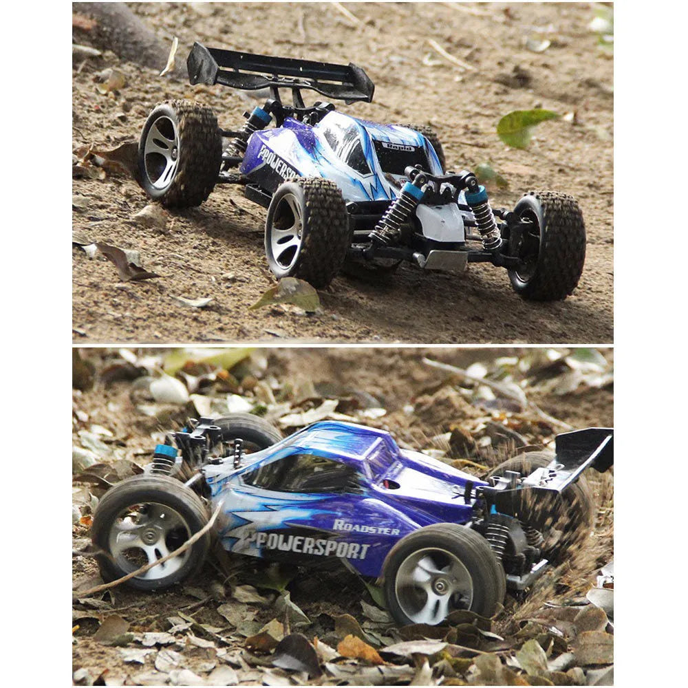 1:18 scale blue or red remote control off-road car with four-wheel independent suspension, 24.5 x 17.5 x 9.4 cm
