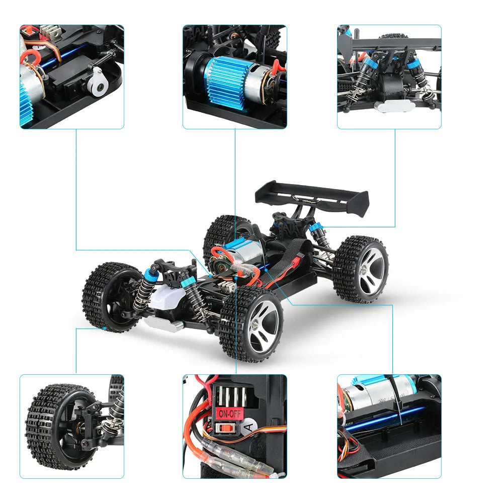 1:18 scale blue or red remote control off-road car with four-wheel independent suspension, 24.5 x 17.5 x 9.4 cm