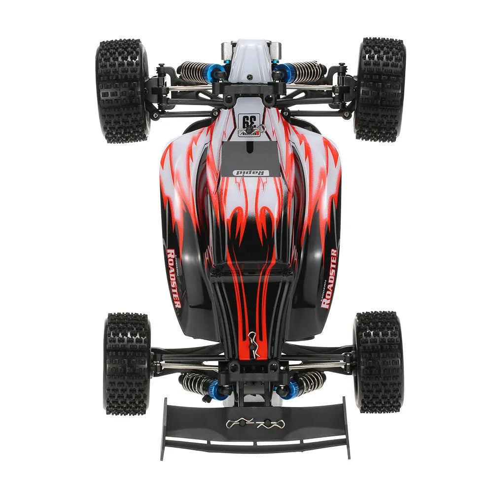1:18 scale blue or red remote control off-road car with four-wheel independent suspension, 24.5 x 17.5 x 9.4 cm