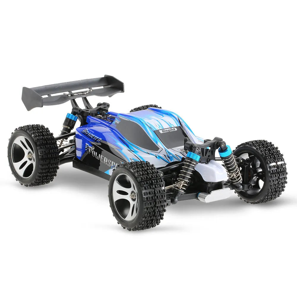 1:18 scale blue or red remote control off-road car with four-wheel independent suspension, 24.5 x 17.5 x 9.4 cm