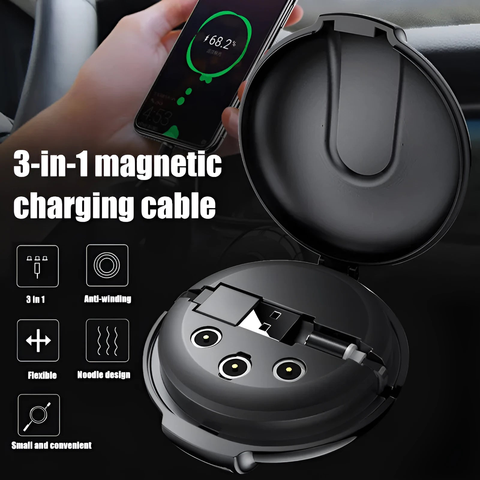 Black magnetic 3-in-1 car phone charger with retractable cable and vehicle mounting patch